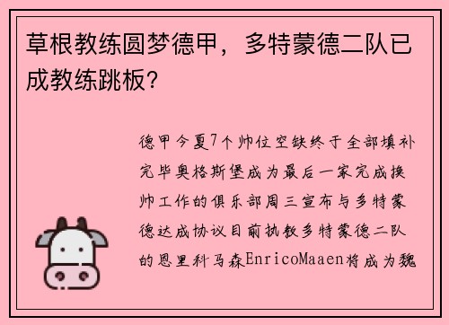 草根教练圆梦德甲，多特蒙德二队已成教练跳板？